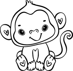 Cute innocence baby monkey sitting in this delightful cartoon with doodle outline hand drawing.