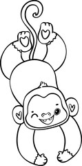 Cute hanging cheerful baby monkey in this delightful cartoon with doodle outline hand drawing.