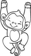 Cute hanging cheerful baby monkey in this delightful cartoon with doodle outline hand drawing.