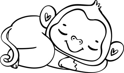 Cute innocence cheerful baby monkey in sleeping pose this delightful cartoon with doodle outline hand drawing.