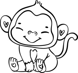 Cute innocence cheerful baby monkey sitting in this delightful cartoon with doodle outline hand drawing.
