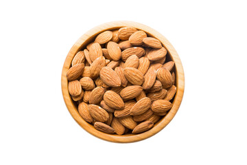 Roasted almonds in bowl isolated on white background. almonds is snack or raw of cook. Healthy food concept