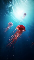 jellyfish swim deep in blue sea. Medusa neon jellyfish fantasy in space cosmos among stars