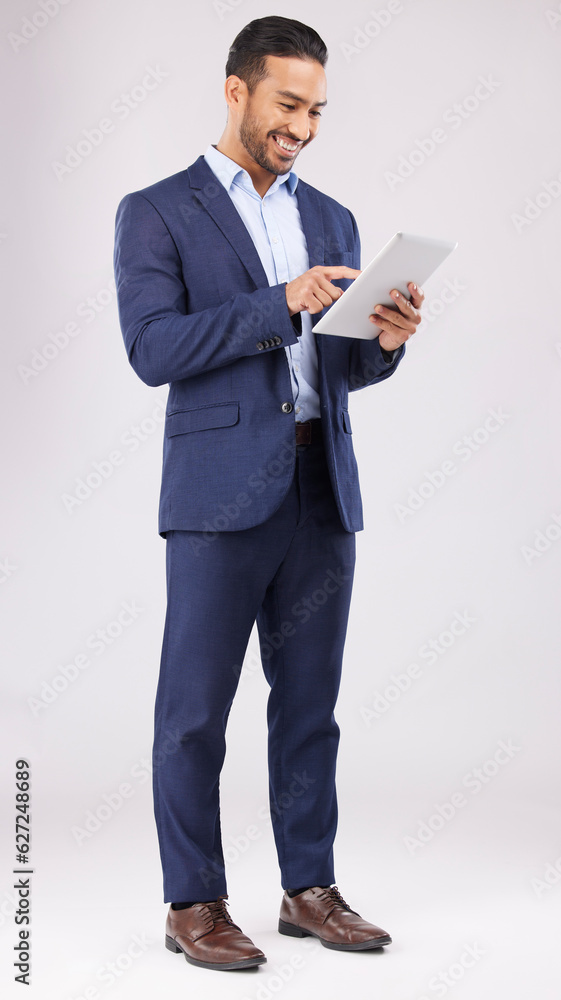 Aufkleber Happy asian man, business and tablet in studio for online planning, data trading and internet info on white background. Corporate trader, digital technology and network connection for app on website