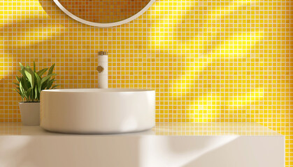 White marble vanity counter top, modern round ceramic washbasin, mirror, plant in bathroom in sunlight, shadow on yellow orange mosaic tile wall for luxury beauty, cosmetic, skincare background 3D