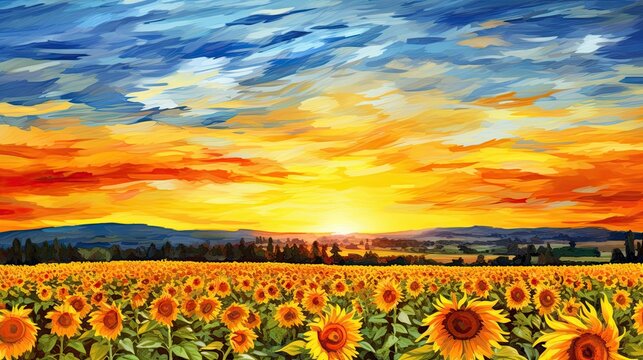 Golden sunflower field. Blossom sunflowers landscape. Hand Paint summer floral Impressionist style. Modern art. AI illustration for book covers, posters, banners and flyers.
