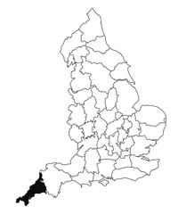 Map of Cornwall County in England on white background. single County map highlighted by black colour on England administrative map.. United Kingdom, Britain, UK