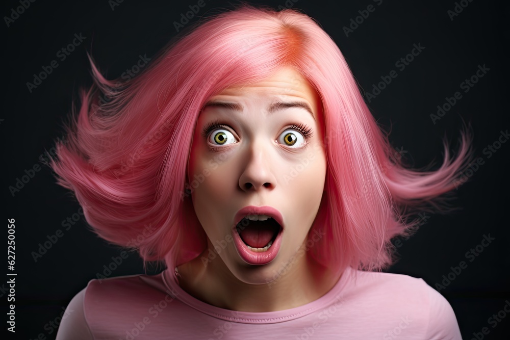 Wall mural believing in shock. amazed young woman with pink hair staring in horror at camera with opened eyes a