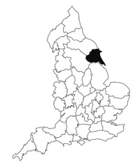 Map of East Riding County in England on white background. single County map highlighted by black colour on England administrative map.. United Kingdom, Britain, UK