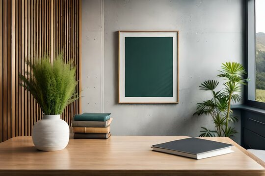  Vertical wooden picture frame, poster mockup in the corner. Wooden table, desk. Modern organic shaped vase. Dry flowers, grass. Old books on window sill