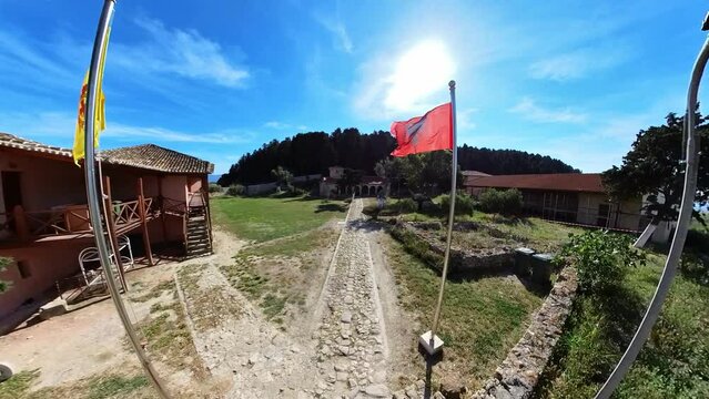 Aerial view of St. Mary's Monastery on Zvernec island in Albania. It holds great cultural and religious significance in the region, and its history can be traced back to the 13th century.