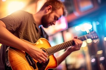 Leisurely Playing Instrumental Music. Caucasian Customer Enjoying Acoustic Guitar in Entertainment Shop with Blurred Retail Background: Generative AI