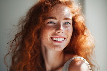 Naturally beautiful woman with freckles smiling and looking carefree - Skincare and complexion concept: Generative AI - obrazy, fototapety, plakaty