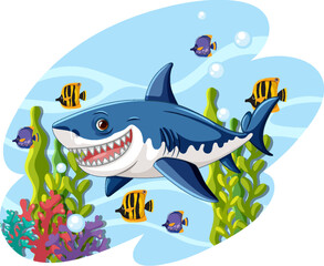 A cartoon illustration of a great white shark smiling and swimming underwater with coral and other fish