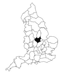 Map of Leicestershire County in England on white background. single County map highlighted by black colour on England administrative map.. United Kingdom, Britain, UK