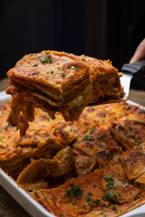 Delicious meat lasagna in a restaurant 