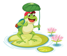 Green Frog Cartoon Character Holding Leaf Umbrella