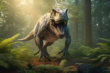 Image of an angry tyrannosaurus rex in the fertile forest. Mythical creatures. Illustration, Generative AI.