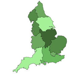 green map of England with region.  England with borders of the stats and different colour.. Britain, United Kingdom, uk