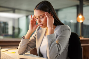 Headache, pain and stress of business woman in office burnout, fatigue or mental health risk at...