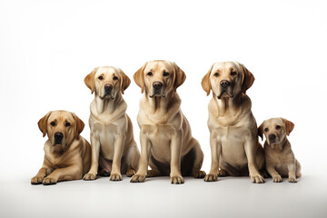 Image of family group of labradors on white background. Pet. Animals. Illustration, Generative AI.