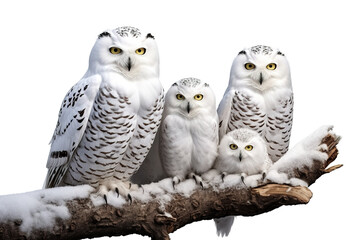 Image of family group of snowy owl on the branch on white background. Birds. Wildlife Animals. Illustration, Generative AI.