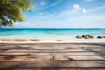 Fototapeta premium Wooden Table Beach side and Tree for Natural Organic Product Display