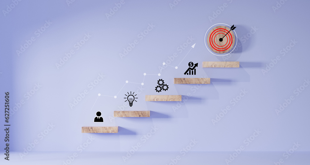 Wall mural woods block step on table with icon action plan, goal and target, success and business target concep