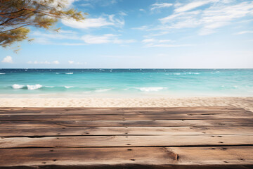 Fototapeta premium Wooden Table with Beach Scenery for Natural Organic Product Display