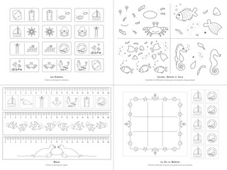 Set of games on the theme of the sea. To color and cut out. Dominoes. Cut out and glue the Sea Animals. Rulers for children, Real size: 25 percent. Tic Tac Toe game. French language. Vector.