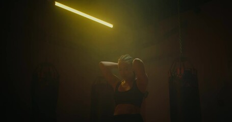 portrait of exhausted athletic woman in gym after intensive workout, professional sport, 4K, Prores