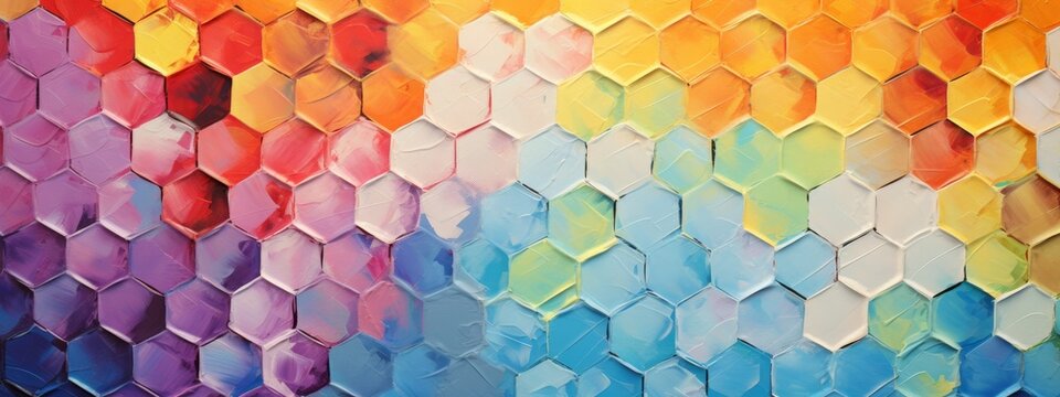 Closeup of abstract rough colorful multicolored geometric hexagonal hexagons art painting texture 3d pattern wallpaper, with oil brushstroke, pallet knife paint on canvas (Generative Ai)