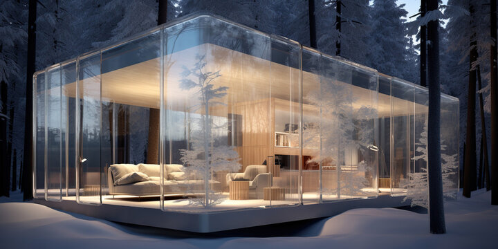 A modern transparent house sculpted in ice block in a marvelous forest in the winter