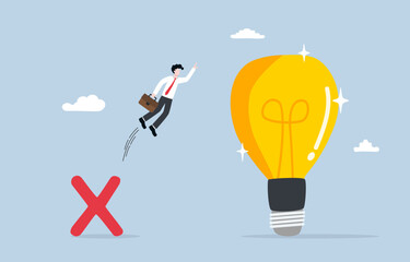 Learn from mistake, gain knowledge or experience from failure concept, Businessman jumping from cross sign up to light bulb. 