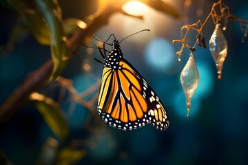 A mesmerizing macro photograph of a fragile butterfly emerging from its chrysalis, a powerful metaphor for transformation and rebirth.