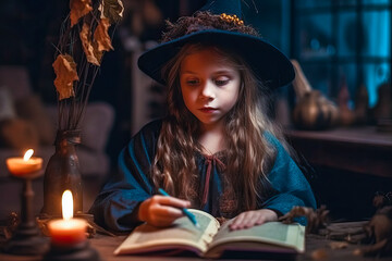 Obraz na płótnie Canvas Little girl witch in witches hat reading magic book in library. Fairytale concept. Halloween concept