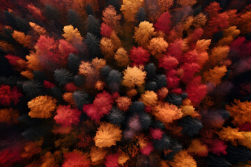 Fototapeta na wymiar A breathtaking aerial view of a vibrant autumn forest, with trees ablaze in shades of red, orange, and gold, a feast for the eyes.