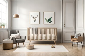 Stylish scandinavian newborn baby room boho style with brown wooden two mock up poster frame, toys and child accessories