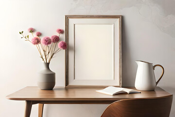 white vase with flowers, Empty wooden picture frame mockup hanging on beige wall background. Boho shaped vase, dry flowers on table. Cup of coffee, old books. Working space, white room with a table