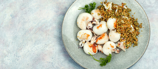Baked calamari with nuts, space for text.