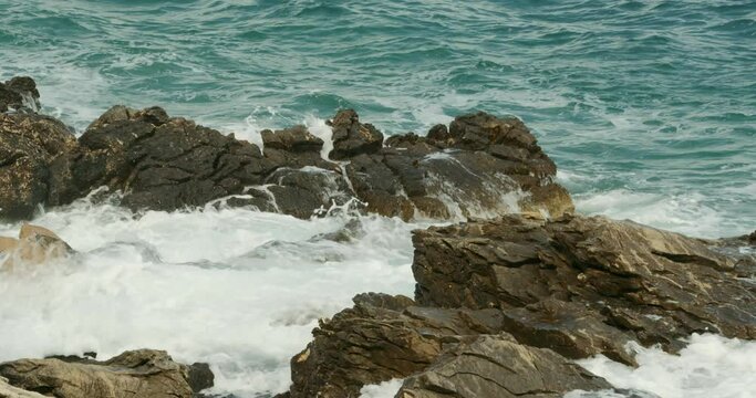Jugo wind and waves on the rocky coast of the Adriatic Sea, Croatia