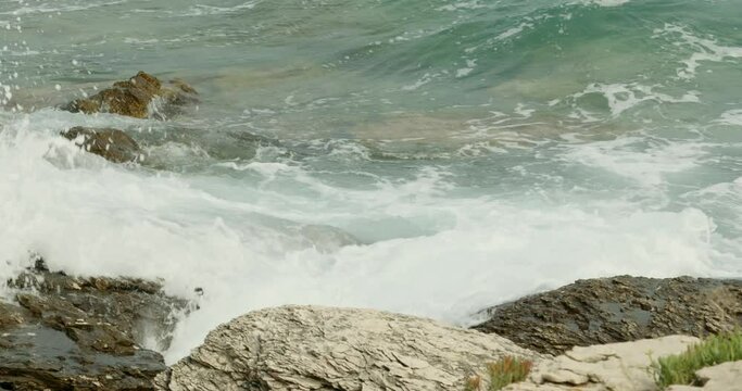 Jugo wind and waves on the rocky coast of the Adriatic Sea, Croatia