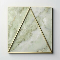 淡いモスグリーンのマーブル模様の四角と金色の三角形の枠のある正方形抽象背景。AI生成画像