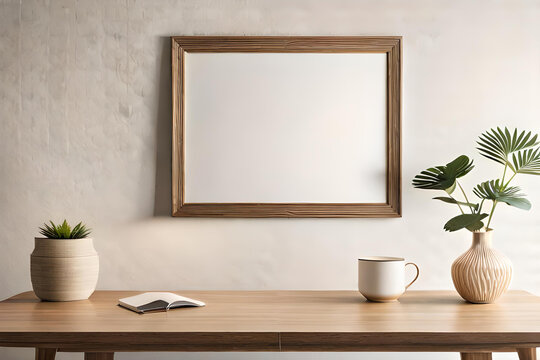 Empty wooden picture frame, poster mockup hanging on beige wall background. Vase with green eucalyptus tree branches on table , generated AIme mockup hanging on the wall. White cup of coffee, books.