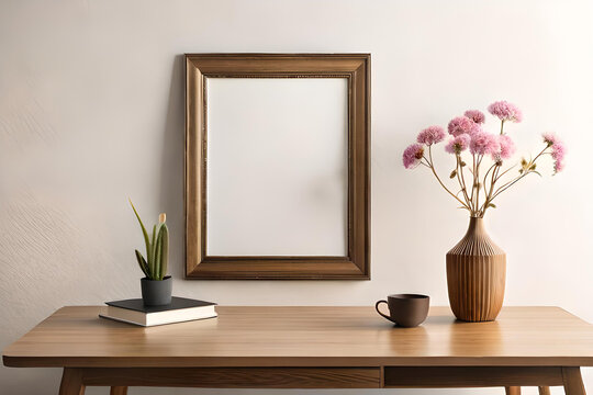 Empty wooden picture frame, poster mockup hanging on beige wall background. Vase with green eucalyptus tree branches on table , generated AI plant 