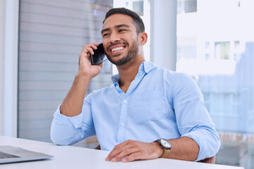 Business man, phone call and networking in the office with smile from corporate consultation....