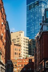 Fototapeta na wymiar Financial downtown city view of Boston at day time, Massachusetts. Building exteriors.