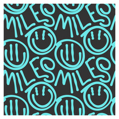 Seamless pattern of hand drawn abstract smiley faces andinscription smile.