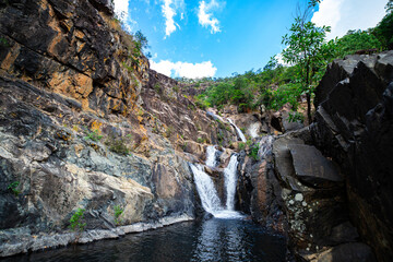 panorama of jourama falls in paluma range national park, north queensland, australia; cascade of...