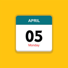 monday 05 april icon with yellow background, calender icon